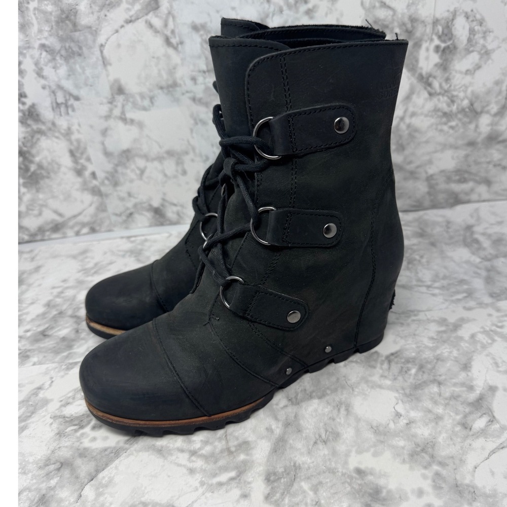 Sorel Cate the Great Wedge Boots Black Leather Lace Up NL2173-011 Womens 9